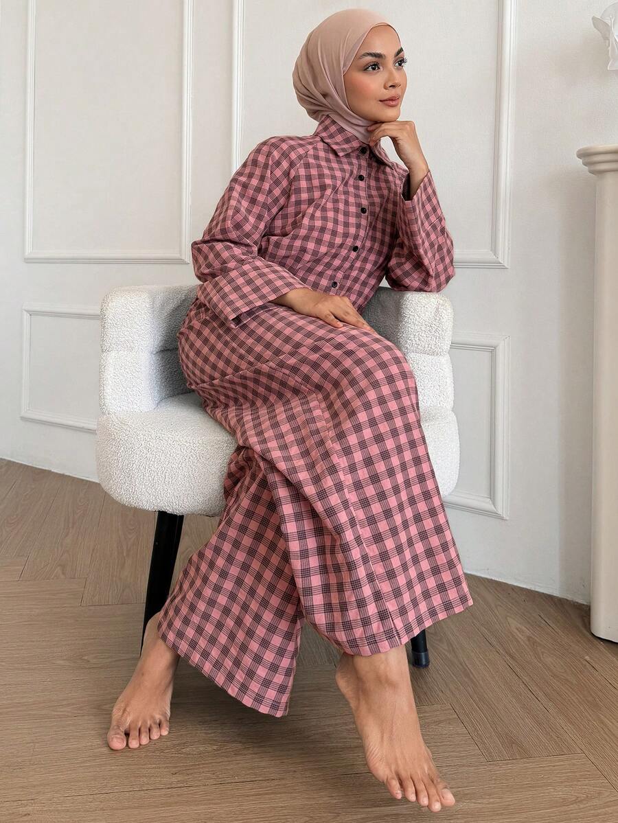 DAZY Autumn Plaid Loose Women's Loungewear Jumpsuit - Pink - View 1