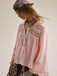 SHEIN New French Vintage Lace Blouse For Women, Round Neck, Long Sleeve, Ruffle Cuff, Loose Fit Doll Top - Pink - View 1