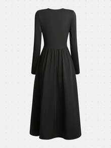 GlowEve Women's Solid Color Contrast Lace V-Neck Long Sleeve Elegant Dress - Black - View 2