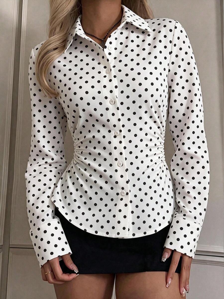 SHEIN EZwear 女款黑白波點印花長袖單排扣休閒法式優雅襯衫 教師節辦公室秋季穿搭 - 彩色 - 查看 1