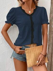 EMERY ROSE Women's Summer Casual Mesh Embroidered Lace Patchwork T-Shirt - Navy Blue - View 3