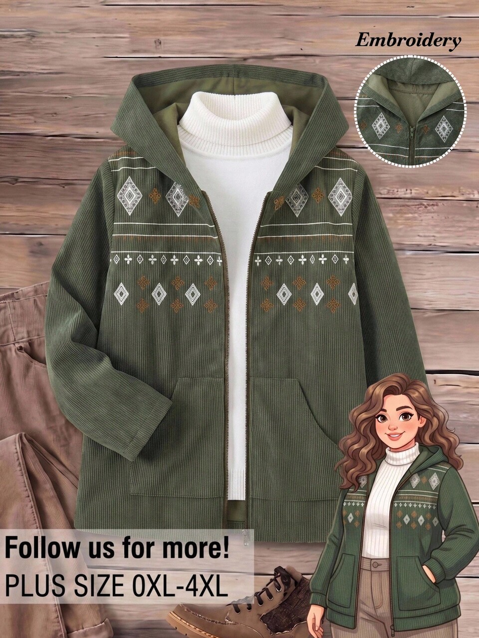 Plus Size Women's Army Green Lapel Long Sleeve Double Pocket Casual Midi Coat Fall Winter 2026