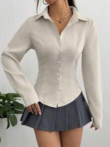 Sweetra Blus Wanita Kasual Serbaguna Warna Polos yang Menekan Pinggang - Krem - View 3