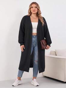 SHEIN CURVE+ Plus Size Dropped Shoulder Ribbed Knit Long Cardigan, Long Sleeve Top, Women's Plus Size Long Cardigan, Slim Fit, Autumn/Winter Essential - Black - View 8