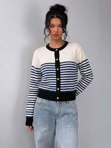 SHEIN BASICS 開學季條紋上衣休閒極簡開襟針織衫，適合秋冬外出穿著 - 黑色 - 查看 3