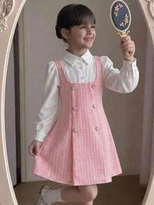 SHEIN Young Girl Young Girls Young Girl Pink Casual Simple Comfortable Collar Puff Sleeve Colorblock Dress Fall/Winter Outfits - Pink - View 2