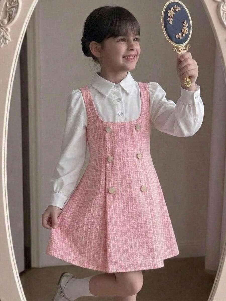 SHEIN Young Girl Young Girls Young Girl Pink Casual Simple Comfortable Collar Puff Sleeve Colorblock Dress Fall/Winter Outfits