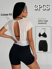 SHEIN Sports 3-Piece Set Halter Top, Base Layer, Shorts, Pullover Top, Casual Minimalist Women's Sports Outfit - Black and White - View 3
