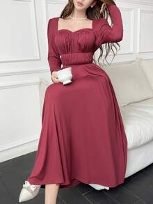Feyla Women's Solid Color Pleated Casual Party Dress - Burgundy - View 2