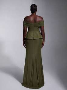 Elitara Plus Size Elegant Luxurious Glamorous Off-Shoulder Elastic Knit Mesh Ruched Fishtail Dress For Wedding Event Evening Party - Green - View 2