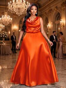 SOLERSUN Plus Size Women's Elegant Party Dress For Women, Suitable For Important Occasions Such As Birthday Parties, Graduation Season, Afternoon Tea, Thanksgiving, And Wedding Season. Features Include A Draped Neckline, Sleeveless Design, High Waist, A-Line Silhouette, And Extra-Long Length. Made From Satin/Silk-Like Material, Perfect For Summer. - Orange - View 3
