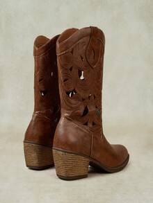Styleloop 女款西式一腳蹬刺繡鏤空中筒靴 粗跟波希米亞度假靴 低跟街頭騎士靴 - 棕色鏤空 - 查看 8