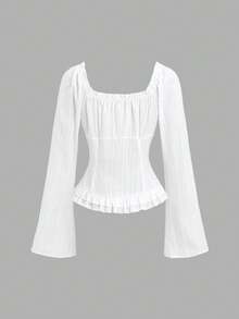 Sweetra Sweet White Cotton Shirt For Women, Casual Top With Ruffled Hem For Autumn, Ideal For Vacations And Dates - White - View 2
