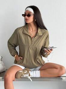 SHEIN Dewbera Women's Khaki Sports Jacket, Lightweight And Comfortable, Half-Zip Front With Small Stand Collar, Suitable For Daily Commute, Sports And Casual Wear, Fashionable And Versatile - Khaki - View 1