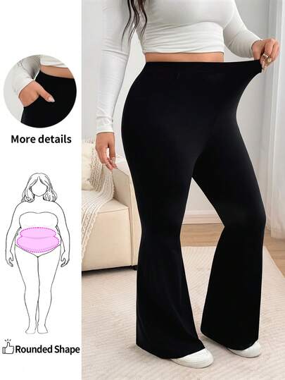 Enliva Plus Size Women's Stretch Flared Leggings With Pocket Details, Casual Elegant Full Length Pants Office Formal Black Autumn