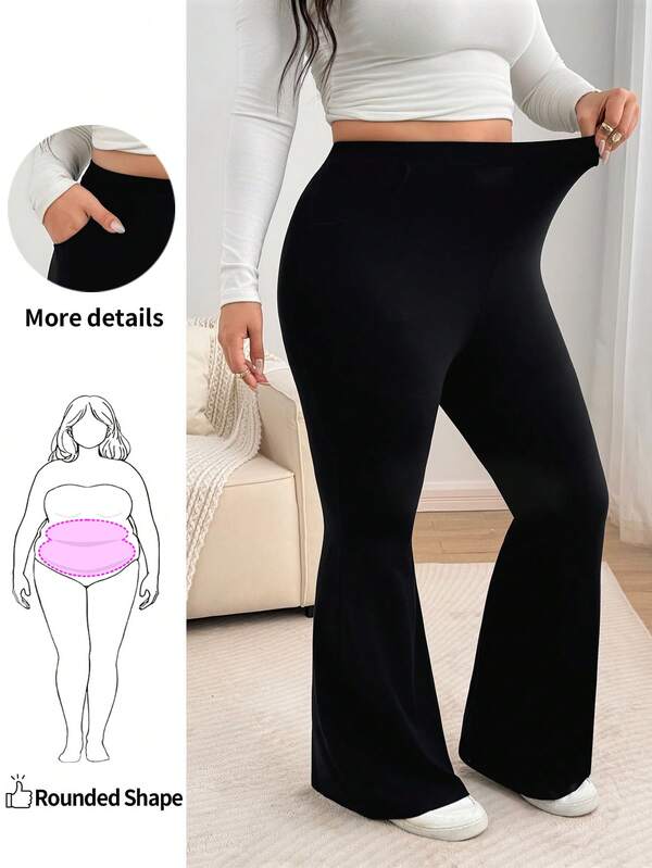 Enliva Plus Size Women's Stretch Flared Leggings With Pocket Details, Casual Elegant Full Length Pants Office Formal Black Autumn