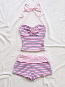 SHEIN Tween Girl Striped Colorblock Halter Tie Top And Shorts Casual Daily Set - Pink - View 3