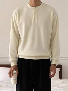 DAZY Spring/Autumn Long Sleeve Crew Neck Half-Zip Beige Ribbed Knit Fabric Men's Sweatshirt - White - View 6