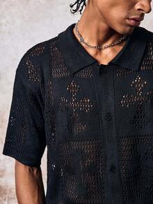 Skyrend Men Black Knit Cardigan, Polo Collar Short Sleeve Mesh Hollow Out Button Front Sweater Fall/Autumn/Winter Halloween Grunge - Black - View 1
