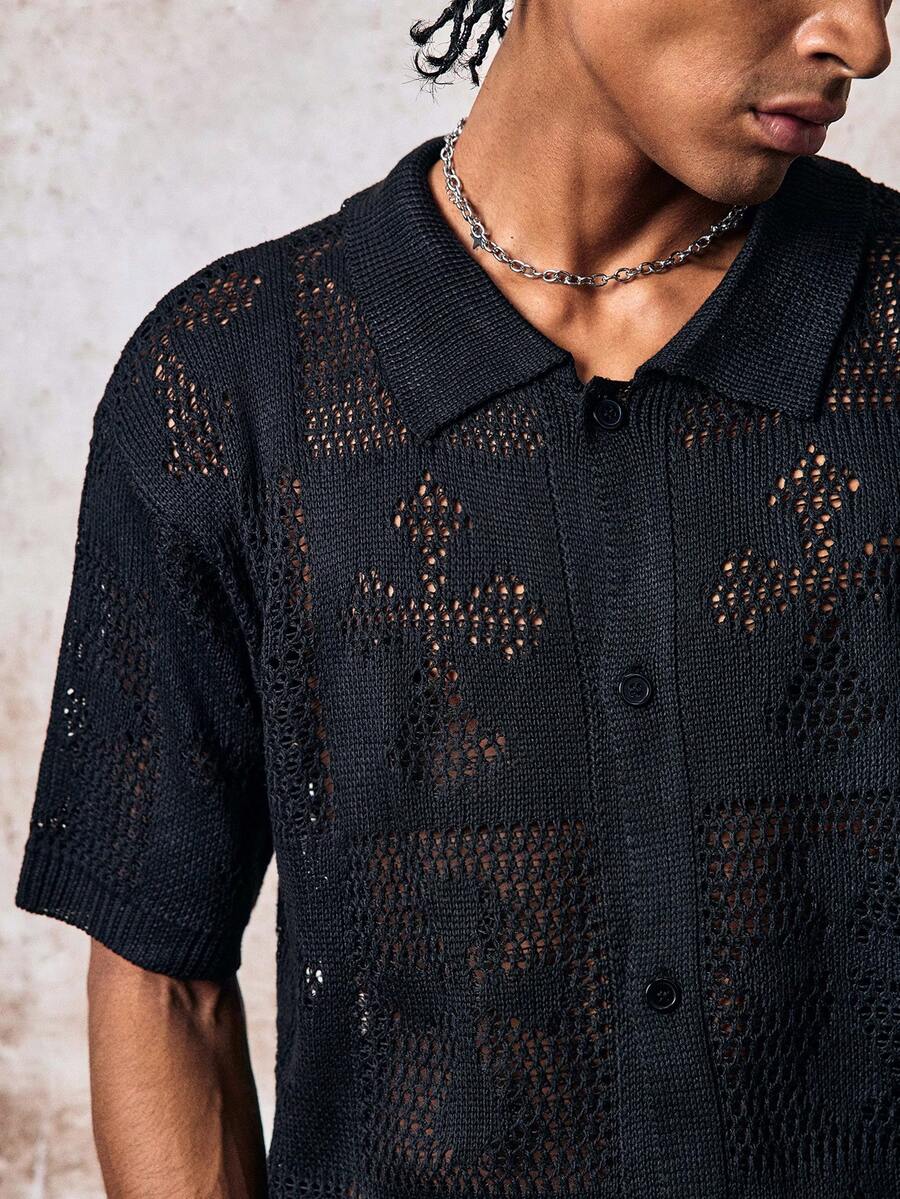 Skyrend Men Black Knit Cardigan, Polo Collar Short Sleeve Mesh Hollow Out Button Front Sweater Fall/Autumn/Winter Halloween Grunge - Black - View 1