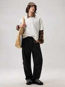 Men's Casual Solid Color Multi-Pocket Drawstring Waist Cargo Pants, For Fall Wide Leg - Black - View 7