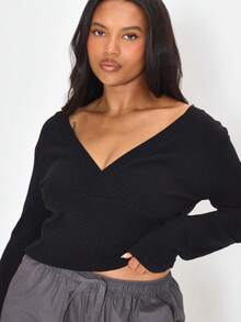 MUSERA Plus Size Black Knit V Neck Long Sleeve Top Spring Summer Casual Everyday Day Outfit Going Out - Black - View 2
