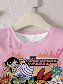 THE POWERPUFF GIRLS X SHEIN 青少年女孩字母卡通印花休閒日常短袖T恤 - 白色 - 查看 5