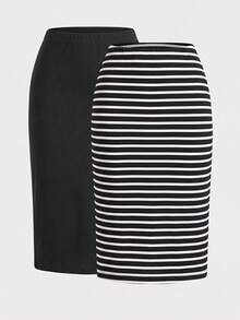 SHEIN Kids Tween Girls Tween Girl Spring/Autumn Minimalist Elegant Skirt Black & White Striped Solid Color Slim Fit Versatile Pcs - Multicolor - View 2