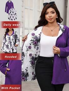 SHEIN Clasi 大尺碼女款花卉印花連帽休閒日常長袖外套 - 紫色 - 查看 1