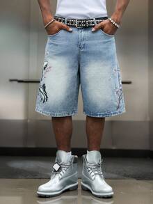 Manfinity EMRG 男士街頭風休閒刺繡淺藍色牛仔短褲，適合度假與夏季 - 淺色水洗藍 - 查看 7