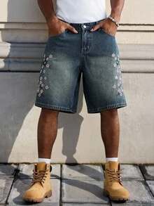 Manfinity EMRG Men's Streetwear Casual Embroidered Blue Denim Shorts - Medium Wash - View 4