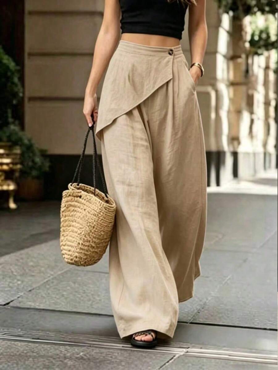 Breezaya Plus Size Asymmetrical Side Button Slant Panel High Waist Drape Textured Wide Leg Long Casual Pants For Women - Apricot - View 1