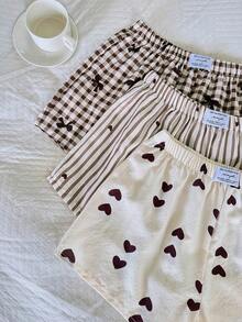 Dream Adore Women's Woven Bubble Crinkle Striped Heart Bow Print Tricolor Combination Bottoms - Multicolor - View 5