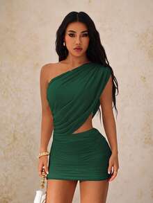 SHEIN PETITE Women Mini Solid Color Asymmetrical Neck Dress, Fashionable For Summer,Party Dress - Dark Green - View 5