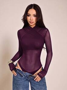 SHEIN PETITE 女款性感純色網紗包覆式連身衣，透視長袖 - 中紫紅色 - 查看 10