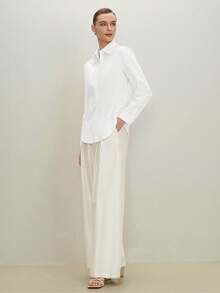 SHEIN PETITE CURVE 大尺碼女款純色單排扣休閒寬鬆百搭日常穿著襯衫 秋季商務辦公 白色 - 白色 - 查看 5