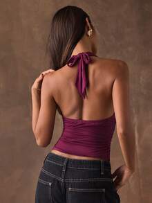 SHEIN BAE Women's Burgundy Summer Tank Top,Metal Button Backless Club Night Party Top,Seksi Sexy Chic Fashionable Solid Color Night Out Tops - Red Violet - View 2