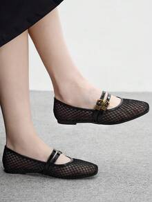 CUCCOO BIZCHIC Women's Black Mesh Mary Jane Flats, Square Toe With Double Adjustable Gold Buckle Straps Fall Shoes - Black - View 6
