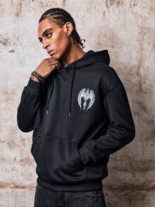 Skyrend Men Dark Gothic Cross Wing Print Thermal Fleece Oversized Hoodie Street Style Warm Hooded Sweatshirt Fall/Autumn/Winter Grunge - Black - View 2