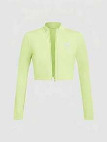 SHEIN Girlism 少女休閒日常百搭舒適修身純色蝴蝶結刺繡圖案運動服 - 黃色 - 查看 3