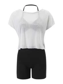 SHEIN Sports 3-Piece Set Halter Top, Base Layer, Shorts, Pullover Top, Casual Minimalist Women's Sports Outfit - Black and White - View 6