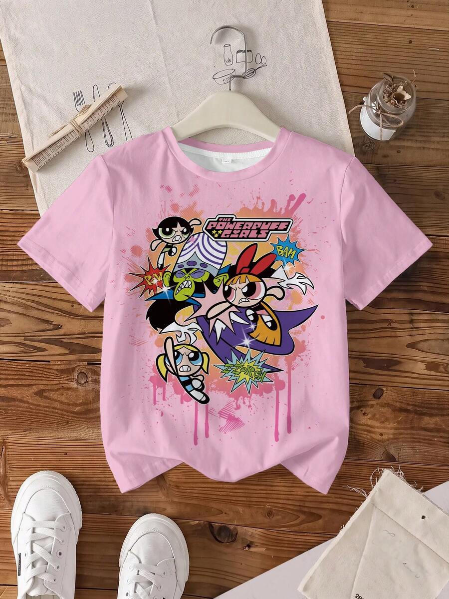 THE POWERPUFF GIRLS X SHEIN 青少年女孩字母卡通印花休閒日常短袖T恤 - 白色 - 查看 1