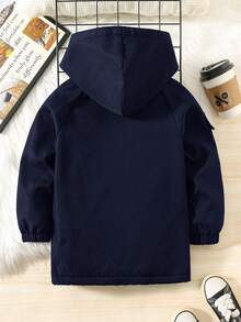SHEIN 兒童小男孩休閒寬鬆連帽牛仔夾克加厚外套 純黑色 百搭 適合運動、上學 春秋冬三季 - 藏蓝色 - 查看 4
