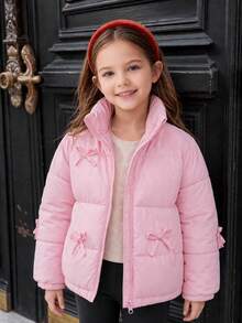 Young Girls Winter Sweet Style Beige Stand Collar Corduroy Padded Coat With Contrast Lining And Button Closure, Thickened Padded Coat - Baby Pink - View 3