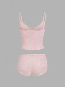 Sweetra Women's Spring/Summer Pink Lace Sexy Romantic Sweet Sexy Semi-Sheer 2 Pieces Pajama Set - Pink - View 2