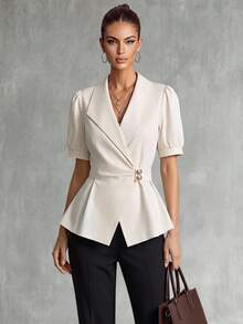 Franclia Women's Solid Color Button Short Sleeve Shirt, Elegant Office Wear In Summer - Apricot - View 3