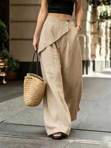Breezaya Plus Size Asymmetrical Side Button Slant Panel High Waist Drape Textured Wide Leg Long Casual Pants For Women - Apricot - View 4