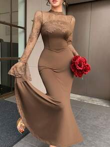 Dazy Tall Women's Elegant Satin Lace Patchwork Round Neck Long Sleeve Flare Sleeve Dress Fall Wedding Guest Dress Women - Brown - View 9