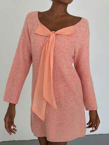 Livesso Winter Pink Sweet 3D Bow Decor Knitted Loose Short Women's Nightgown Fall - Apricot - View 9