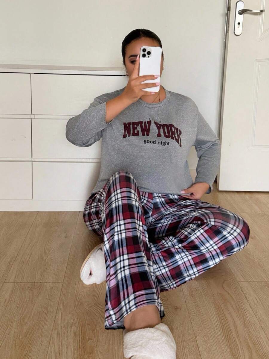 Napfluff CURVE Napfluff CURVE Plus Size Women's Casual Knit Plaid & Letter Print Loungewear Pajama Set - Grey - View 1